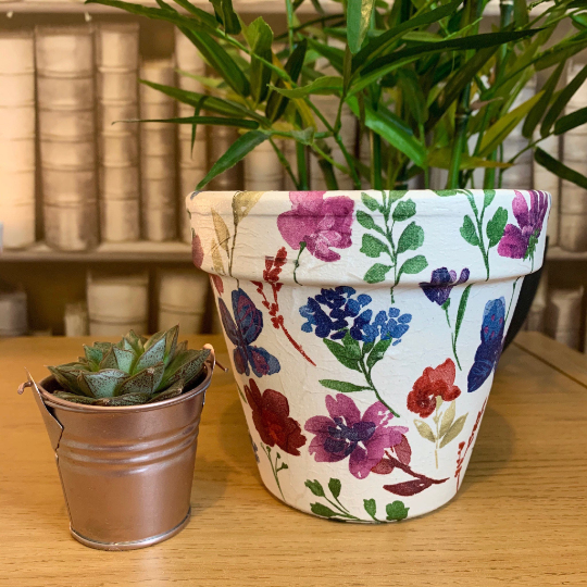 Botanical Flower Decoupaged Plant Pot