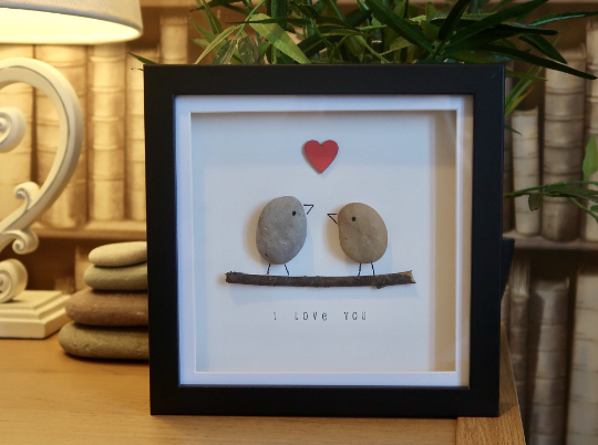 I Love You Love Birds Pebble Art Box Frame | Valentines Day Gift