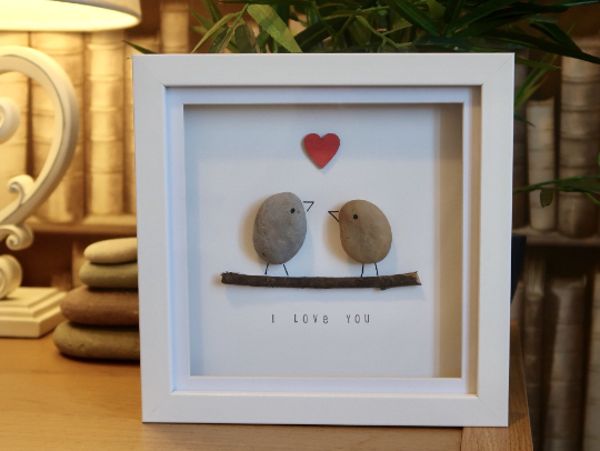 I Love You Love Birds Pebble Art Box Frame | Valentines Day Gift