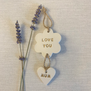 Love You Mum | Clay Duo Flower And Heart Hanging Decoration | Clay Keepsake