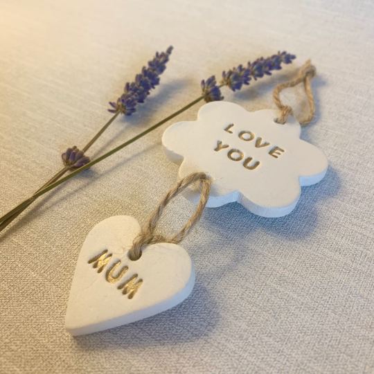 Love You Mum | Clay Duo Flower And Heart Hanging Decoration | Clay Keepsake