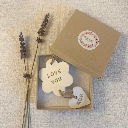 Love You Mum | Clay Duo Flower And Heart Hanging Decoration | Clay Keepsake