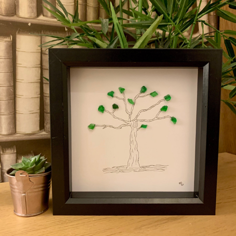 New Beginnings Monochrome Tree Sea Glass Art Box Frame | Home Decor