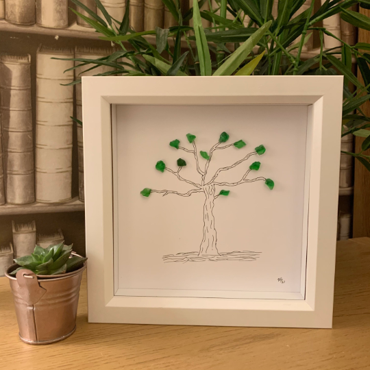 New Beginnings Monochrome Tree Sea Glass Art Box Frame | Home Decor