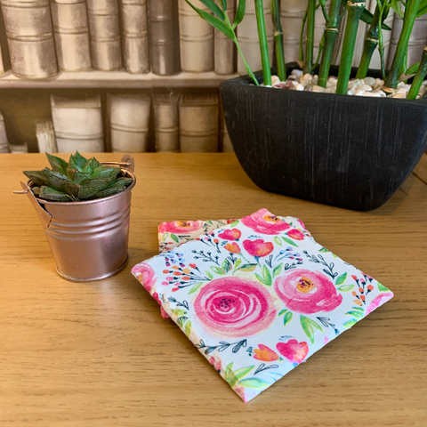 Pink Peonies Decoupaged Slate Coasters (Set of 2, Set of 4)