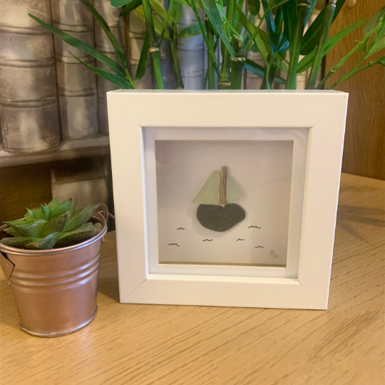 Sailing Boat Sea Glass Art Box Frame