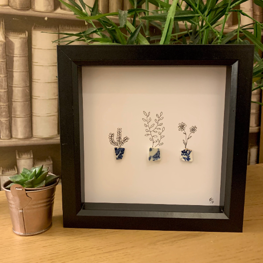 Sea Pottery Art With Monochrome Plants Sketch Box Frame | Home Decor