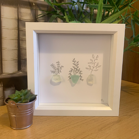 Three Monochrome Plants Sea Glass Art Box Frame