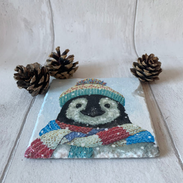 Penguin Winter Christmas Decoupaged Slate Coasters (Set of 2, Set of