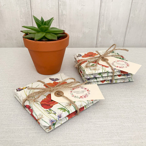 Red Poppies Decoupaged Slate Coasters (Set of 2, Set of 4)