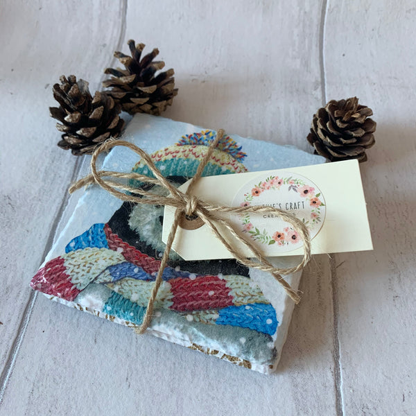 Penguin Winter Christmas Decoupaged Slate Coasters (Set of 2, Set of