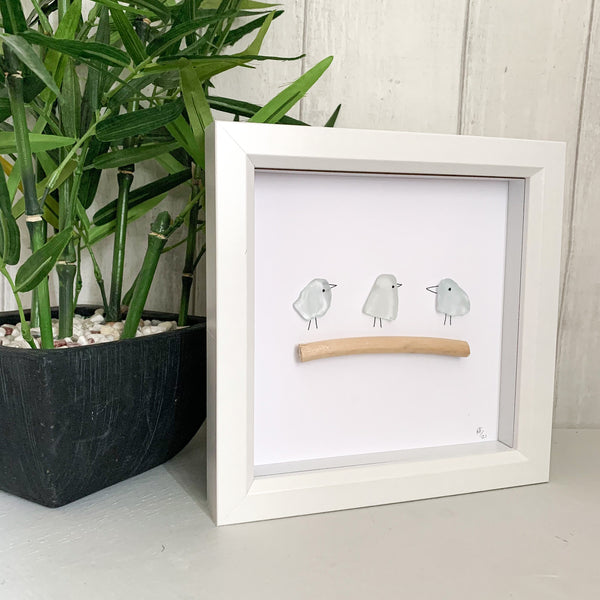 Three Little Birds Sea Glass Art Box Frame