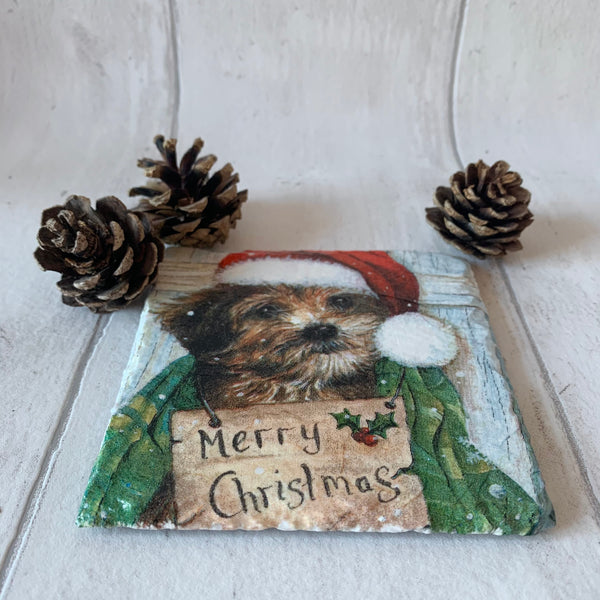 Christmas Puppy Dog Decoupaged Slate Coasters (Set of 2, Set of 4)