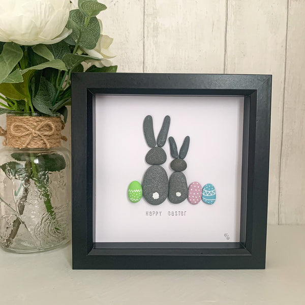 Happy Easter Bunny Rabbits Pebble Art Box Frame | Easter Gift