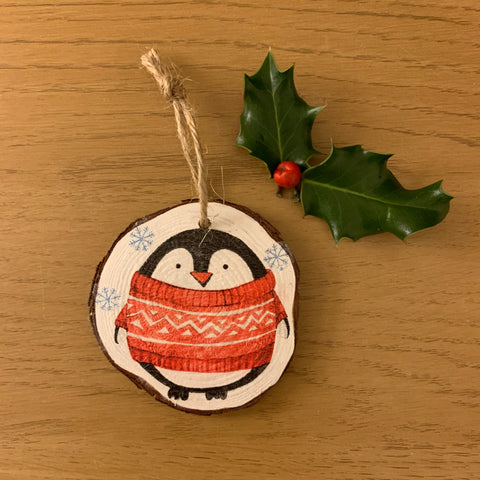 Penguin Jumper Wooden Log Slice Hanging Decoration | Christmas Decoration | Tree Decoration