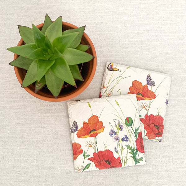 Red Poppies Decoupaged Slate Coasters (Set of 2, Set of 4)