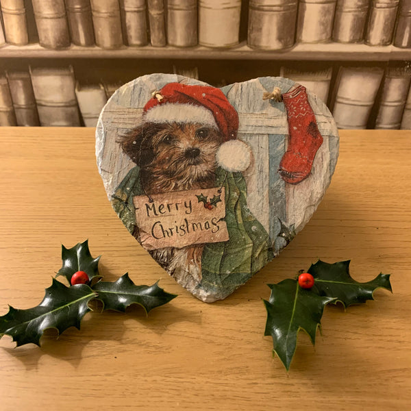 Christmas Puppy Decoupaged Slate Heart (Ready To Hang)