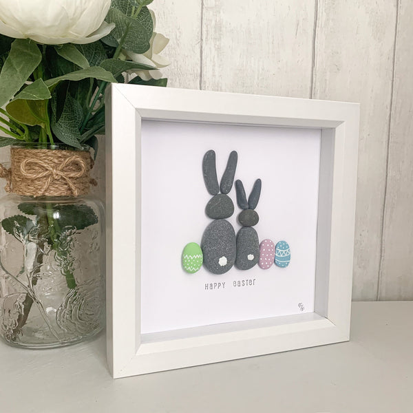 Happy Easter Bunny Rabbits Pebble Art Box Frame | Easter Gift