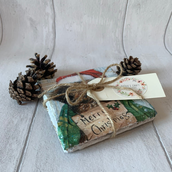 Christmas Puppy Dog Decoupaged Slate Coasters (Set of 2, Set of 4)