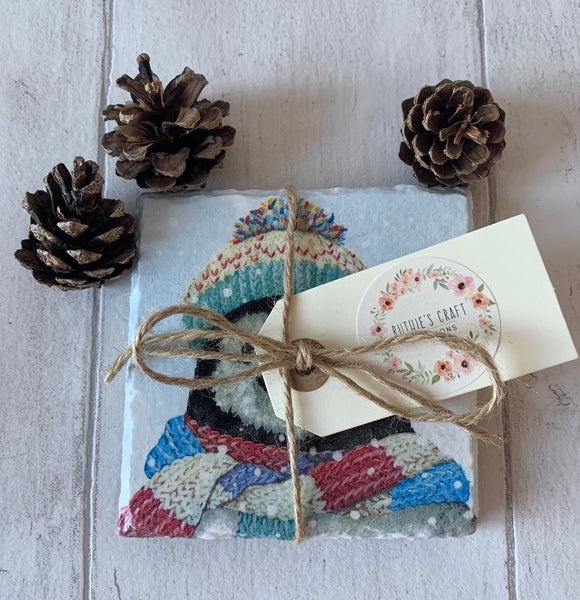 Penguin Winter Christmas Decoupaged Slate Coasters (Set of 2, Set of