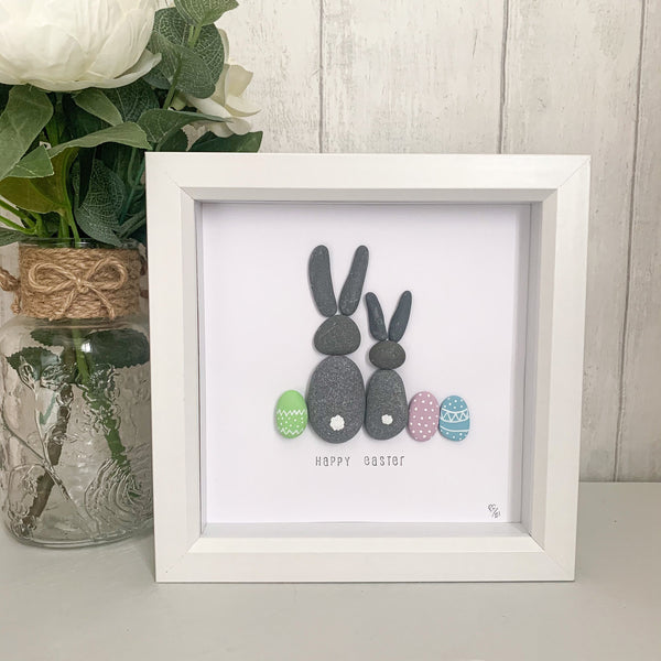 Happy Easter Bunny Rabbits Pebble Art Box Frame | Easter Gift