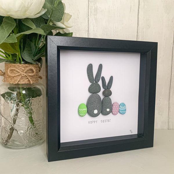 Happy Easter Bunny Rabbits Pebble Art Box Frame | Easter Gift