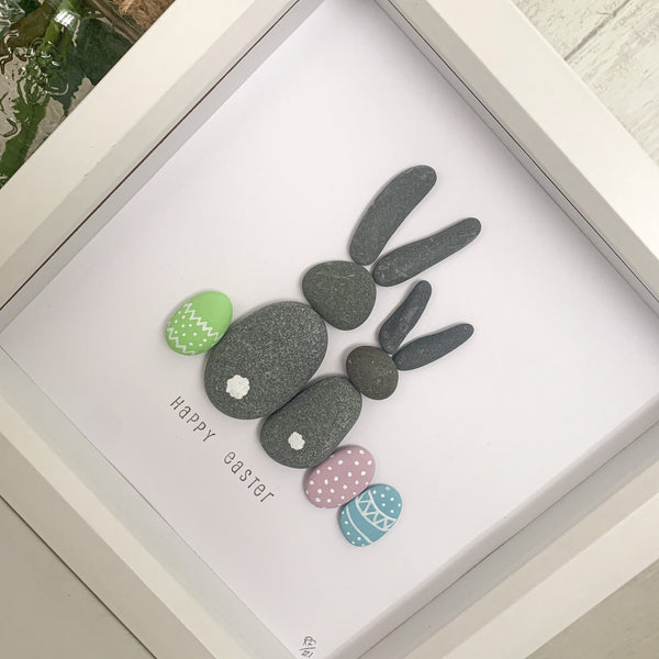 Happy Easter Bunny Rabbits Pebble Art Box Frame | Easter Gift