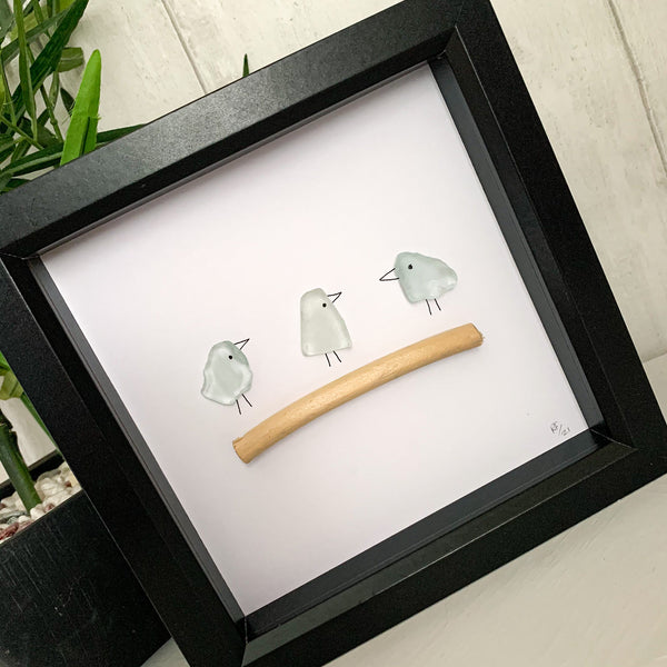 Three Little Birds Sea Glass Art Box Frame