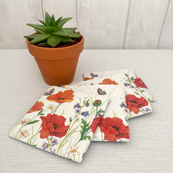 Red Poppies Decoupaged Slate Coasters (Set of 2, Set of 4)