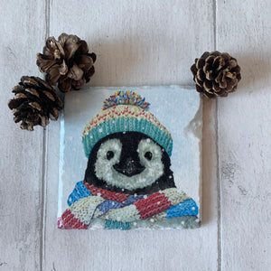 Penguin Winter Christmas Decoupaged Slate Coasters (Set of 2, Set of