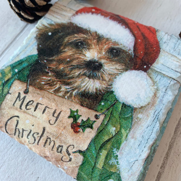 Christmas Puppy Dog Decoupaged Slate Coasters (Set of 2, Set of 4)