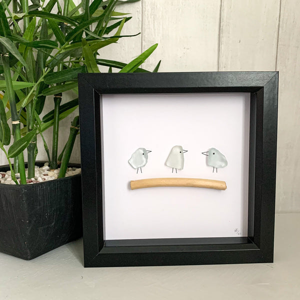 Three Little Birds Sea Glass Art Box Frame