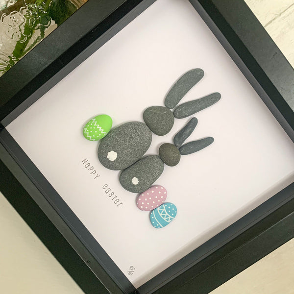 Happy Easter Bunny Rabbits Pebble Art Box Frame | Easter Gift