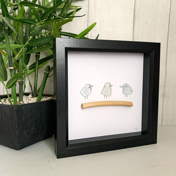 Three Little Birds Sea Glass Art Box Frame