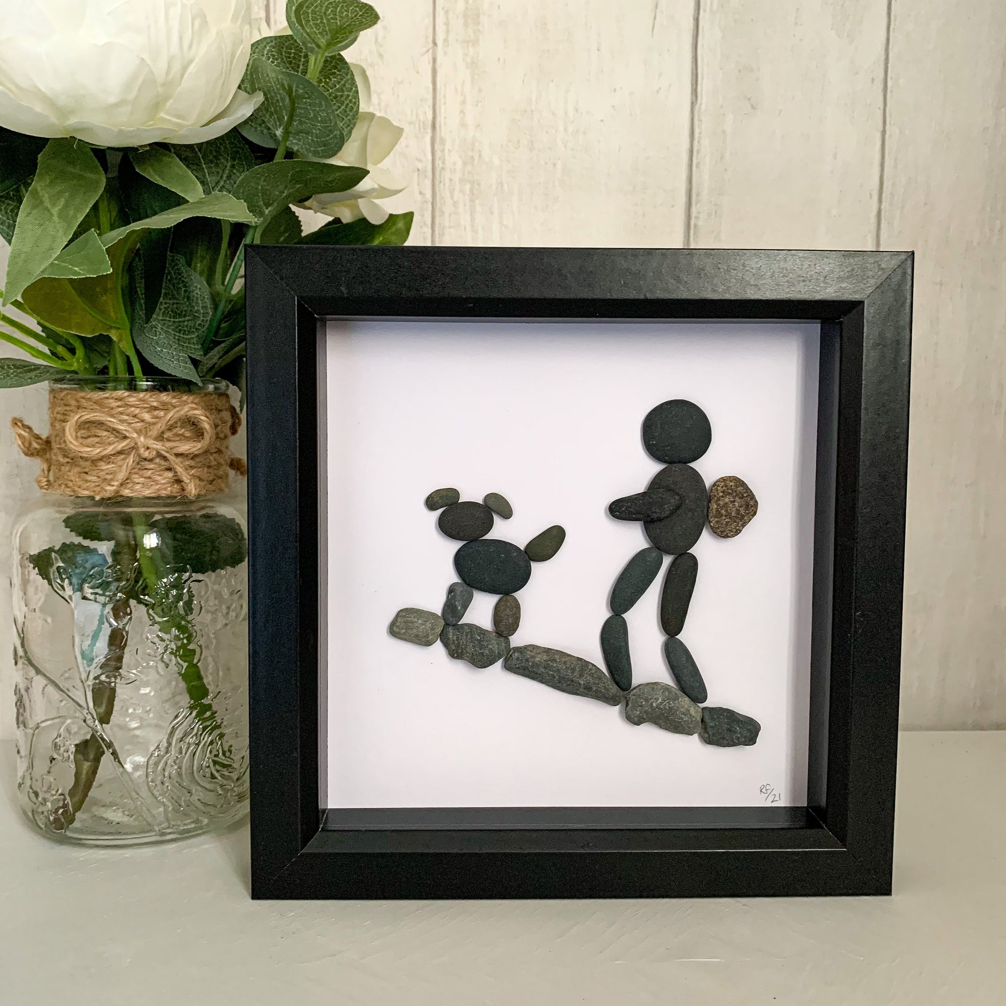 Dog and Hiker Pebble Art Box Frame