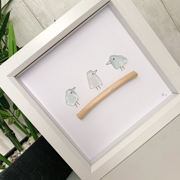 Three Little Birds Sea Glass Art Box Frame