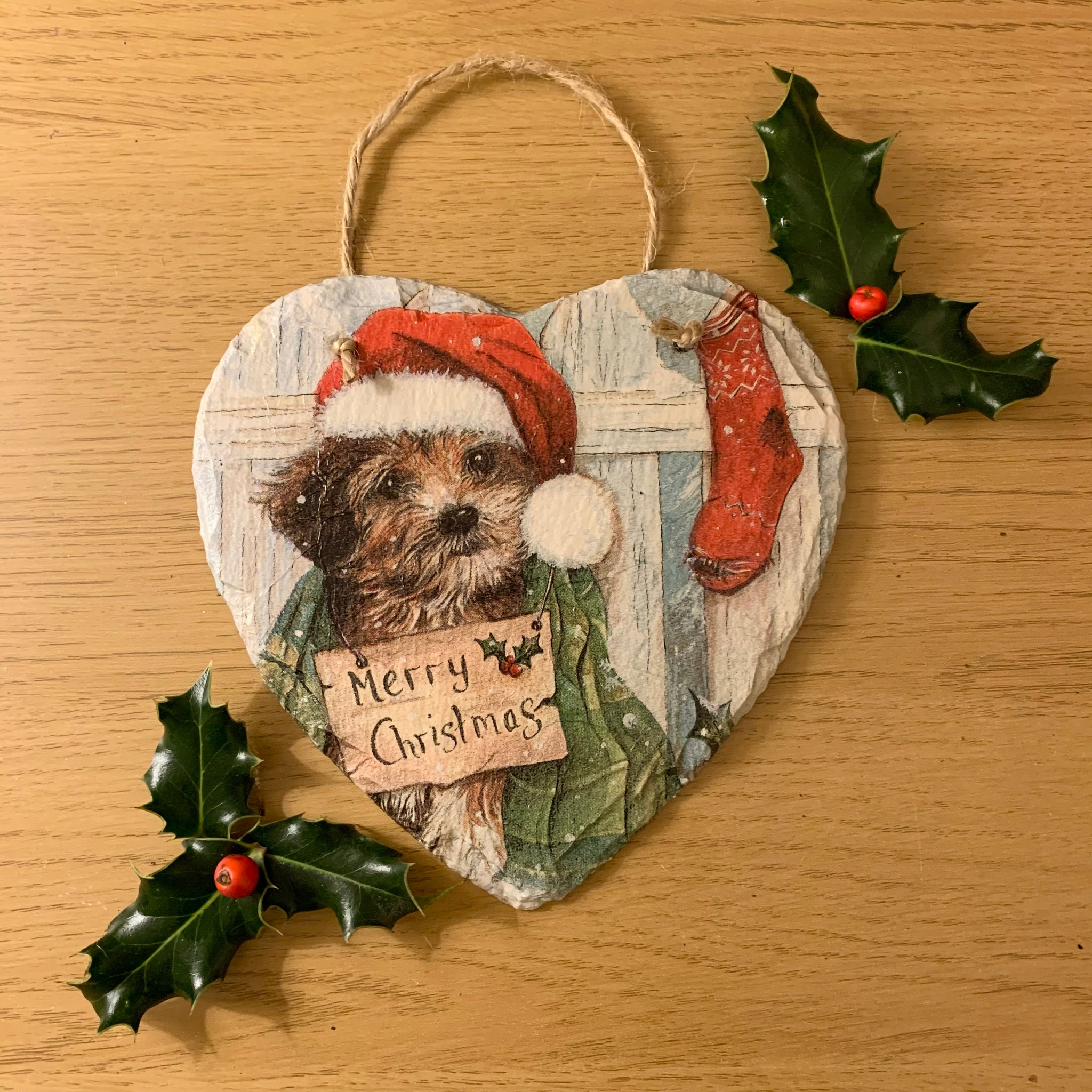 Christmas Puppy Decoupaged Slate Heart (Ready To Hang)