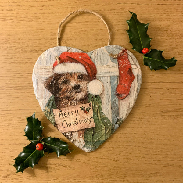 Christmas Puppy Decoupaged Slate Heart (Ready To Hang)